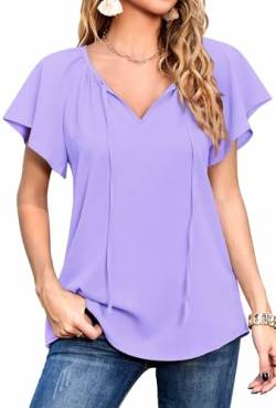 Neineiwu Damen 3/4 Ärmel Oberteil V-Ausschnitt Hemden Drawstring Bluse Tuniken Oberteile Damen blusenrock blusen Damen elegant festlich Damen Pullover elegant Damenbluse rüschenbluse,Purple,XL von Neineiwu