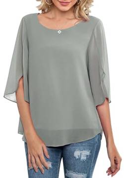 Neineiwu Damen Chiffon Tunika Lässig Rundkragen 3/4-Ärmeln Bluse Mesh Fließende Shirts Loose Fit Oberteile blusenshirt Damen Oberteile Damen sexy Oberteil Damen elegant von Neineiwu