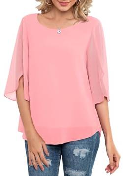 Neineiwu Damen Chiffon Tunika Lässig Rundkragen 3/4-Ärmeln Bluse Mesh Fließende Shirts Loose Fit Oberteile blusenshirt Damen Oberteile Damen sexy Oberteil Damen elegant von Neineiwu