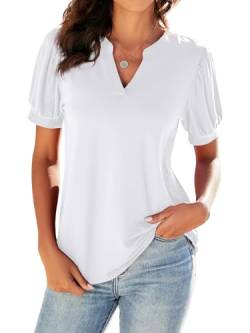 Neineiwu Damen-T Shirts Elegante Oberteile Damen lässig V-Ausschnitt lockere Puff-Kurzarm Tunika-Bluse Seidensticker Damen Bluse Seidenbluse Damen Elegante blusen,Weiß,XL von Neineiwu