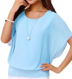 Neineiwu Oberteil Damen elegant Batwing Bluse Shirts Kurzarm Tunika Blumen Rundkragen Bluse Bluse Kurzarm Damen Elegante blusen Chiffon Bluse Damen Seidenbluse Damen,Hellblau,XXL von Neineiwu