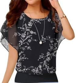 Neineiwu Oberteil Damen elegant Batwing Bluse Shirts Kurzarm Tunika Blumen Rundkragen Bluse Oberteile Damen rüschenbluse Bluse Damen hemdbluse Damenbluse,Black Leaves,S von Neineiwu