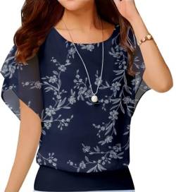 Neineiwu Oberteil Damen elegant Batwing Bluse Shirts Kurzarm Tunika Blumen Rundkragen Bluse Oberteile Damen rüschenbluse Bluse Damen hemdbluse Damenbluse,Weiße Blätter,S von Neineiwu