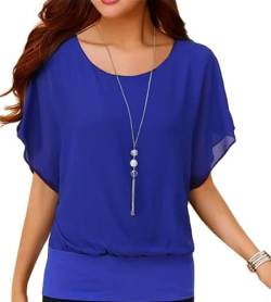 Neineiwu Oberteil Damen elegant Batwing Bluse Shirts Kurzarm Tunika Blumen Rundkragen Bluse blusen Damen elegant festlich damenblusen Chiffon Bluse Damen Esprit Bluse Damen,Blau,M von Neineiwu