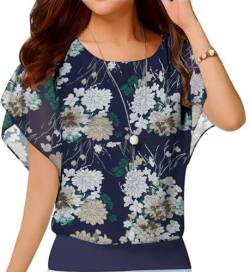 Neineiwu Oberteil Damen elegant Batwing Bluse Shirts Kurzarm Tunika Blumen Rundkragen Bluse rüschenbluse Festliche blusen Damen hemdbluse Oberteile Damen sexy,White Flower,L von Neineiwu