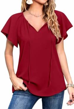 Neineiwu Oberteil Damen elegant Blumendruck V-Ausschnitt Kurzarm Shirts Lose Drawstring Damenblusen blusenrock Fashion Made in Italy blusen Damen elegant festlich Fashion Damen,Wine Red,L von Neineiwu