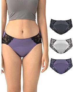 Neione Damen Periodenunterwäsche Menstruation Perioden Unterwäsche Frauen Unterhosen Spitze Slip Hipster Panty 3er Pack Lilac XL von Neione