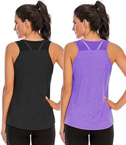 Damen Yoga Fitness Tank Top Locker Mädchen Sport Tshirt Training Jogging Running Shirt Ärmelloses Mesh Zurück Sportbekleidung Schwarz Lila XL, 2er Pack von Nekosi