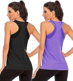 Nekosi Damen Sporttop Yoga Tank Top Oberteil Laufen Fitness Ärmelloses Mesh Zurück Funktions Shirt ScSchwarz Lila Groß, 2er Pack von Nekosi