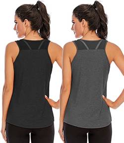 Nekosi Damen Sporttop Yoga Tank Top Oberteil Laufen Fitness Ärmelloses Mesh Zurück Funktions Shirt Schwarz Grau L, 2er Pack von Nekosi