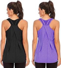 Nekosi Damen Sporttop Yoga Tank Top Oberteil Laufen Fitness Ärmelloses Mesh Zurück Funktions Shirt Schwarz Lila Groß, 2er Pack von Nekosi