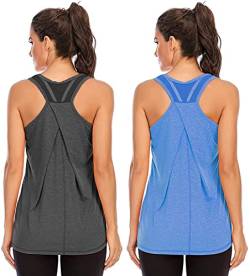Nekosi Damen Yoga Tanktops Ärmelloses Sportshirt Kleidung Mesh Zurück Fitness Laufen Shirt Sport Oberteile Grau Blau X-Groß, 2er Pack von Nekosi