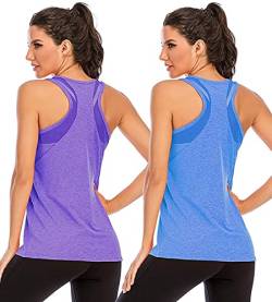 Nekosi Damen Yoga Tanktops Ärmelloses Sportshirt Kleidung Mesh Zurück Fitness Laufen Shirt Sport Oberteile Lila Blau X-Groß, 2er Pack von Nekosi
