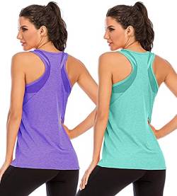 Nekosi Damen Yoga Tanktops Ärmelloses Sportshirt Kleidung Mesh Zurück Fitness Laufen Shirt Sport Oberteile Lila Grün X-Groß, 2er Pack von Nekosi