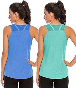 Nekosi Laufshirt Für Damen Atmungsaktives Netz Rücken Sportshirt Mädchen Yoga Training Jogging Sport Tops Grau Blau M, 2er Pack von Nekosi