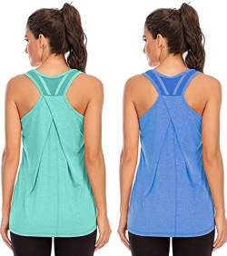 Nekosi Laufshirt Für Damen Atmungsaktives Netz Rücken Sportshirt Mädchen Yoga Training Jogging Sport Tops Grün Blau Klein, 2er Pack von Nekosi
