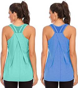 Nekosi Laufshirt Für Damen Atmungsaktives Netz Rücken Sportshirt Mädchen Yoga Training Jogging Sport Tops Grün Blau Mittel, 2er Pack von Nekosi