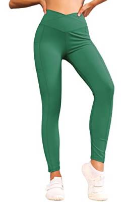 Nekosi Sport Leggings Damen High Waist Gym Leggings Sportleggins Damen Lang Yogahose Hohe Taille mit Taschen,Grün,L von Nekosi