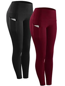 NELEUS Leggings mit hoher Taille für Yoga mit Taschen, 9017 Yogahose, 2 Stück, Schwarz / Rot, X-Klein von Neleus