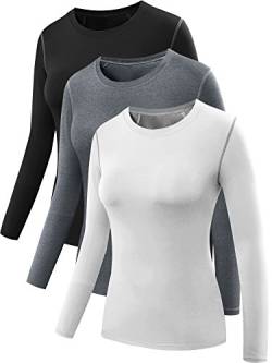 Neleus Damen 3er-Pack Dry Fit Sportlich Compression Langarm-T-Shirt Small / Fit Brust: 32-34,5" 03 3er-Pack: schwarz, grau, weiß von Neleus