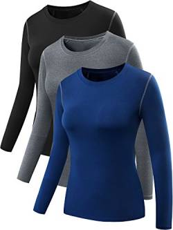 Neleus Damen 3er-Pack Dry Fit Sportlich Compression Langarm-T-Shirt XX-Large / Fit Bust: 41-43" 03 # 3-Pack: Schwarz, grau, blau von Neleus