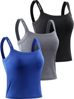 Neleus Damen Running Crop Tank Tops Dry Fit Workout Athletic Shirts 3er Pack, 8088 schwarz/grau/blau, Mittel von Neleus
