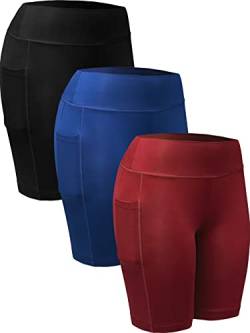 Neleus Damen trainieren Compression Yoga Shorts mit Tasche groß 09005# 3er-Pack: Blau, schwarz, rot von Neleus