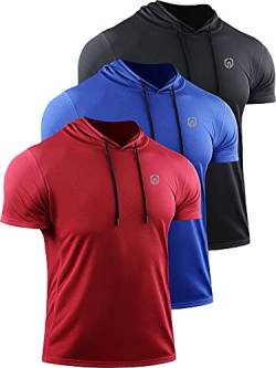 Neleus Herren Laufshirt, 3er-Pack, Dry Fit, Mesh Athletic Workout Shirts, Hoodies# 3er-Pack, schwarz/blau/rot, Groß von Neleus