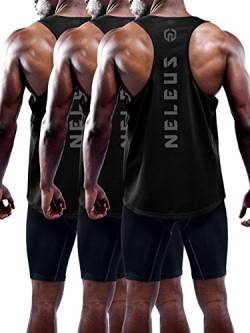 Neleus Herren-Muskelshirt, ärmelloses Top, Dri-Fit-Stoff, Y-förmiger Rücken, 3er-Pack - Schwarz - Groß von Neleus