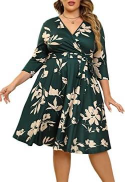 Nemidor® Damen V-Ausschnitt Stretch Casual Midi Plus Size Brautjungfernkleid, Greenkhaki+Ärmel, 52 Mehr von Nemidor