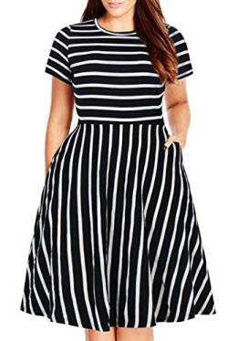 Nemidor Damen Rundhalsausschnitt-Sommer-beiläufige Plus Size fit und Flare midi-Kleid mit Tasche 14w schwarzer Streifen von Nemidor