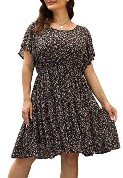 Nemidor NEM297 Damen Casual Übergröße Sommer Boho Chiffon Print Midi Skater Kleid mit Rüschenärmeln, schwarz / rot, 52 Mehr von Nemidor