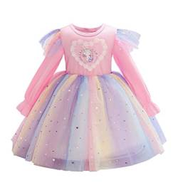 Nemopter Einhorn-Kleid für Mädchen, Prinzessinnenkleid, Mädchen, Netzstoff, Pailletten, Regenbogenfarben, Rüschen, Geburtstag, Kleider Gr. 3-4 Jahre, Rosa von Nemopter