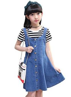 Nemopter Mädchen-Kleid mit Hosenträgern aus Jeans für Mädchen, Sommerrock, zweiteilig mit kurzen Ärmeln Gr. 6-7 Jahre , blau von Nemopter