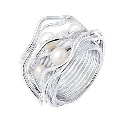 Nenalina Damen Ring Perlenring besetzt mit 2 Süsswasserperlen 4 mm und 2 Süsswasserperlen 5 mm in weiß, handgearbeitet aus 925 Sterling Silber, Gr. 56-721058-042-56 von Nenalina