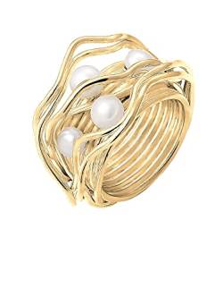 Nenalina Damen Ring Perlenring besetzt mit 2 Süsswasserperlen 4 mm und 2 Süsswasserperlen 5 mm in weiß, handgearbeitet aus 925 Sterling Silber vergoldet, Gr. 60-721058-542-60 von Nenalina