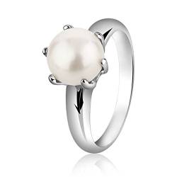 Nenalina Damen Ring Perlenring mit Krappenfassung besetzt mit 1 Süsswasserzuchtperle 8 mm in weiß, handgearbeitet aus 925 Sterling Silber, 721090-042 Gr.56 von Nenalina