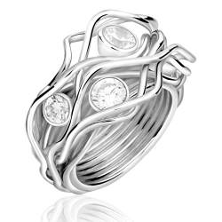 Nenalina Damen Ring Silberring besetzt mit 2 Cubic Zirkonia 4 mm und 2 Cubic Zirkonia 5 mm in weiß, handgearbeitet aus 925 Sterling Silber, 212234-019-60 von Nenalina