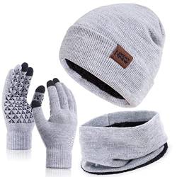 Nertpow Mütze, Schal & Handschuh-Sets für Damen Herren, Touchscreen Handschuhe Winter Beanie Mütze Stricken mit Fleece Gefüttert Schal Halswärmer Schlauchschal set von Nertpow