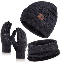 Nertpow Mütze, Schal & Handschuh-Sets für Damen Herren, Touchscreen Winter Beanie Stricken mit Fleece Gefüttert Halswärmer (Schwarz Dunkelgrau) von Nertpow