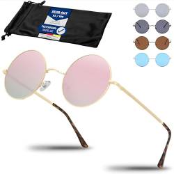 Netrox® Runde Sonnenbrille im Retro-Stil | UV400-Schutz Linsen | Unisex Brille inkl. Etui und Microfaserbeutel | Vintage 70er Metallrahmen mit verspiegeltem Glas - rosa von Netrox