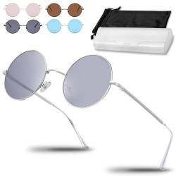 Netrox® Runde Sonnenbrille im Retro-Stil | UV400-Schutz Linsen | Unisex Brille inkl. Etui und Microfaserbeutel | Vintage 70er Metallrahmen mit verspiegeltem Glas - silber von Netrox