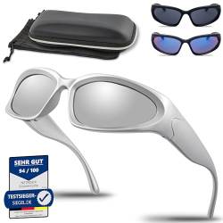 Netrox® Sonnenbrille - Sportbrille mit ETUI und Mikrofaser Beutel - Sonnenbrillen verspiegeltem Glas in drei Farben UV400 Schutz - Schnelle Rave Techno Sport Brille - Damen und Herren - Silber von Netrox
