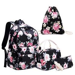 Neuleben Schultaschen 4 Set Schulrucksack & Kühltasche & Turnbeutel & Geldbörse mit Blumenmuster für Damen Mädchen Kinder (Schwarz Blumen) von Neuleben