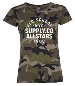 Neverless® Damen Camo-Shirt Bedruckt Schriftzug Oldschool NYC New York City Allstars Tarnmuster schwarz XXL von Neverless