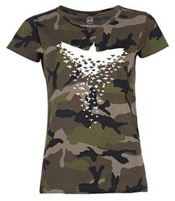 Neverless® Damen Camo-Shirt Rabe Vogel-Schwarm Tiermotiv Printshirt Camouflage T-Shirt Tarnmuster schwarz S von Neverless