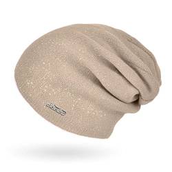 Neverless® Damen Mütze Herbst Strick-Beanie ungefüttert Feinstrick Glitzer Slouch einfarbig Uni Dunkelbeige Unisize von Neverless