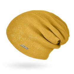 Neverless® Damen Mütze Herbst Strick-Beanie ungefüttert Feinstrick Glitzer Slouch einfarbig Uni senfgelb Unisize von Neverless