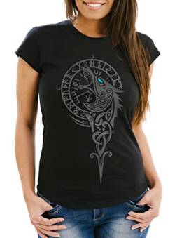 Neverless® Damen T-Shirt Wikinger Kompass Fenriswolf Fenrir Vegvisir Wolf Asgard Valhalla Walküre Slim Fit schwarz 3XL von Neverless