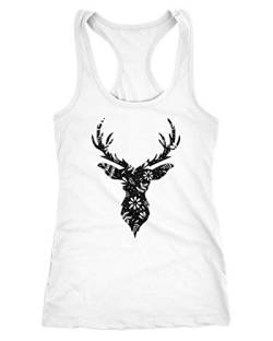 Neverless® Damen Tank-Top Hirsch-Geweih Blumen Muster Scherenschnitt Art Print Tiermotiv Printshirt Racerback weiß S von Neverless